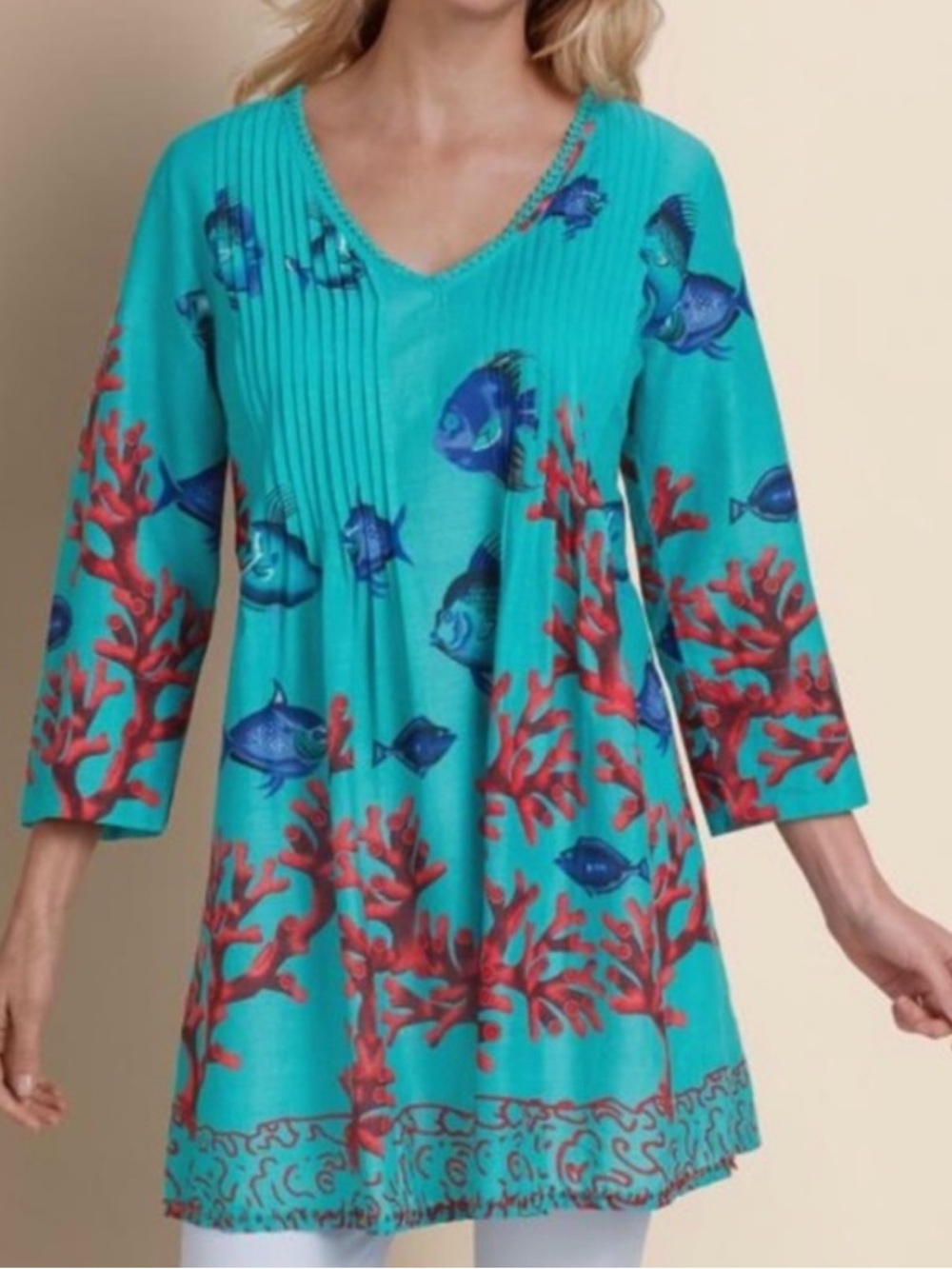 Soft Surroundings Seychelles Tunic Top Tropical Fish Beach Women’s Large P